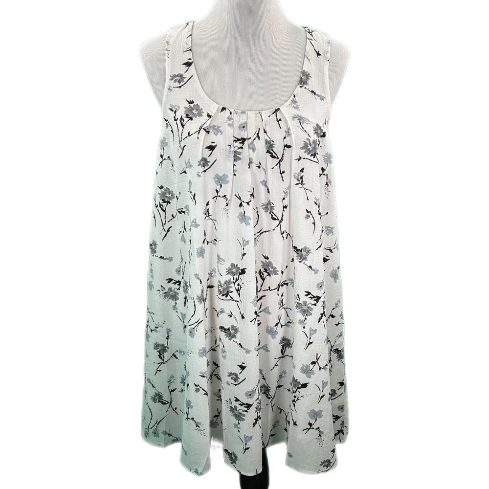 Womens Dress Long Tunic Size Small S White Gray Floral Cottage Core Sleeveless